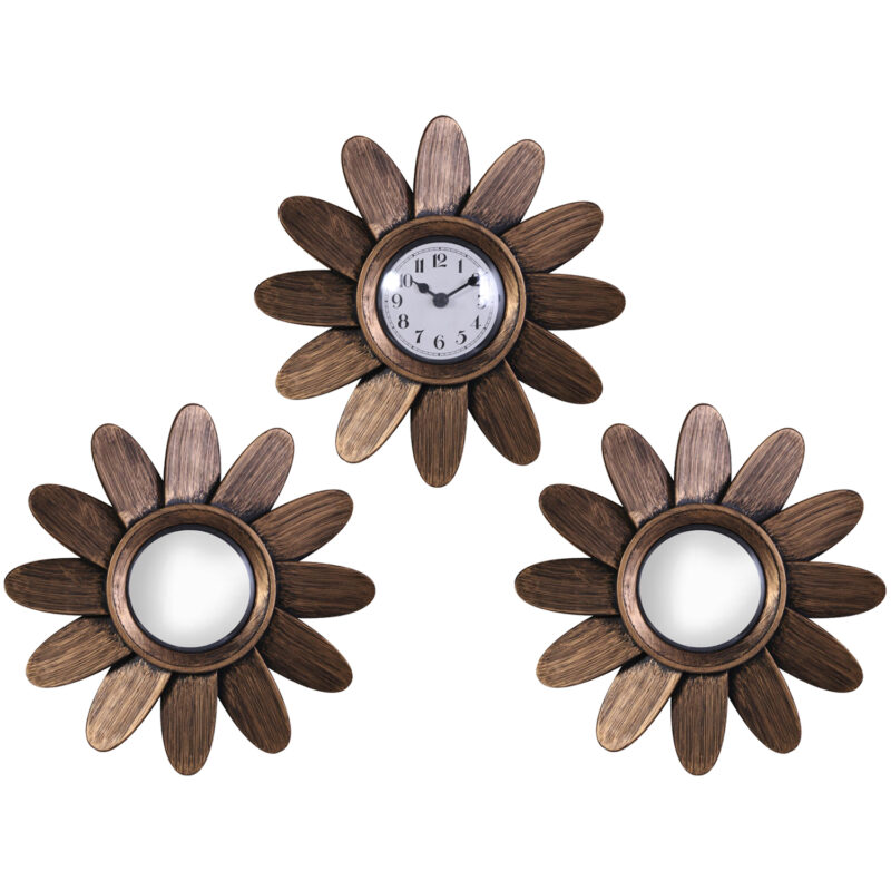Set de Espejos y Reloj Decorativo Petalos Zinc 3 Piezas