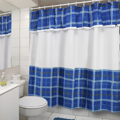 Juego cortina baño escocés Azul