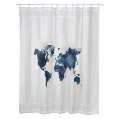 Cortina para Baño Estampada Mapa Azul con Forro 2 Piezas